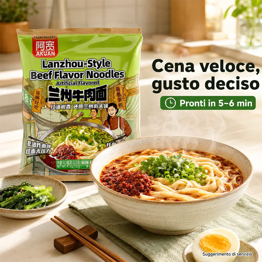 AKUAN | Noodles Istantanei 122g - LANZHOU Stile(Gusto di Manzo)