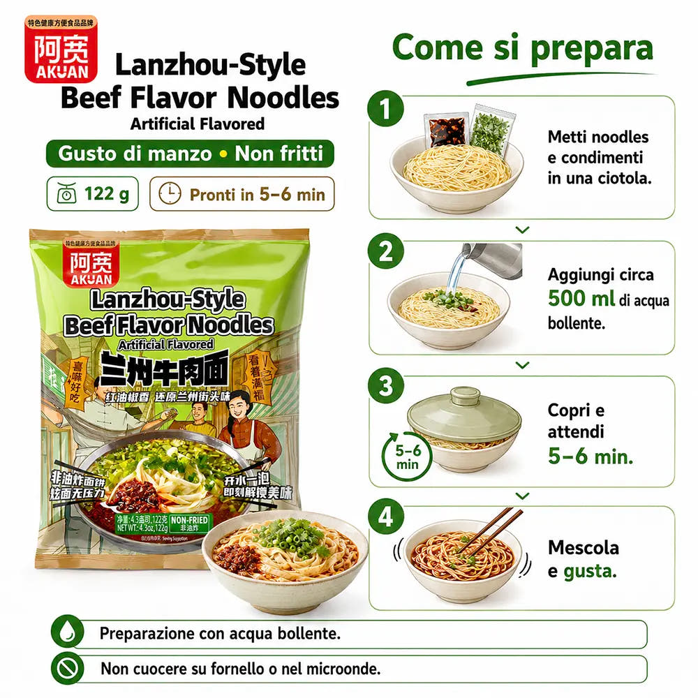 AKUAN | Noodles Istantanei 122g - LANZHOU Stile(Gusto di Manzo)