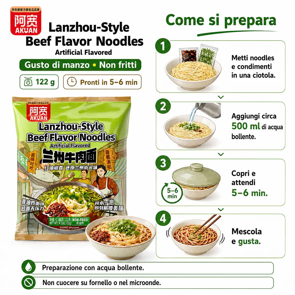 AKUAN | Noodles Istantanei 122g - LANZHOU Stile(Gusto di Manzo)