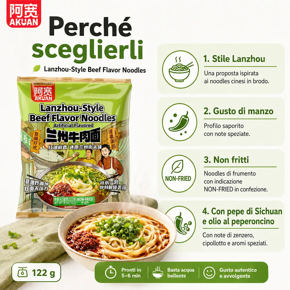 AKUAN | Noodles Istantanei 122g - LANZHOU Stile(Gusto di Manzo)