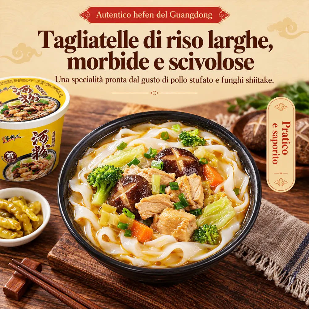Tagliatelle di Riso Istantanee 96 g – Gusto Pollo Stufato ai Funghi Shiitake